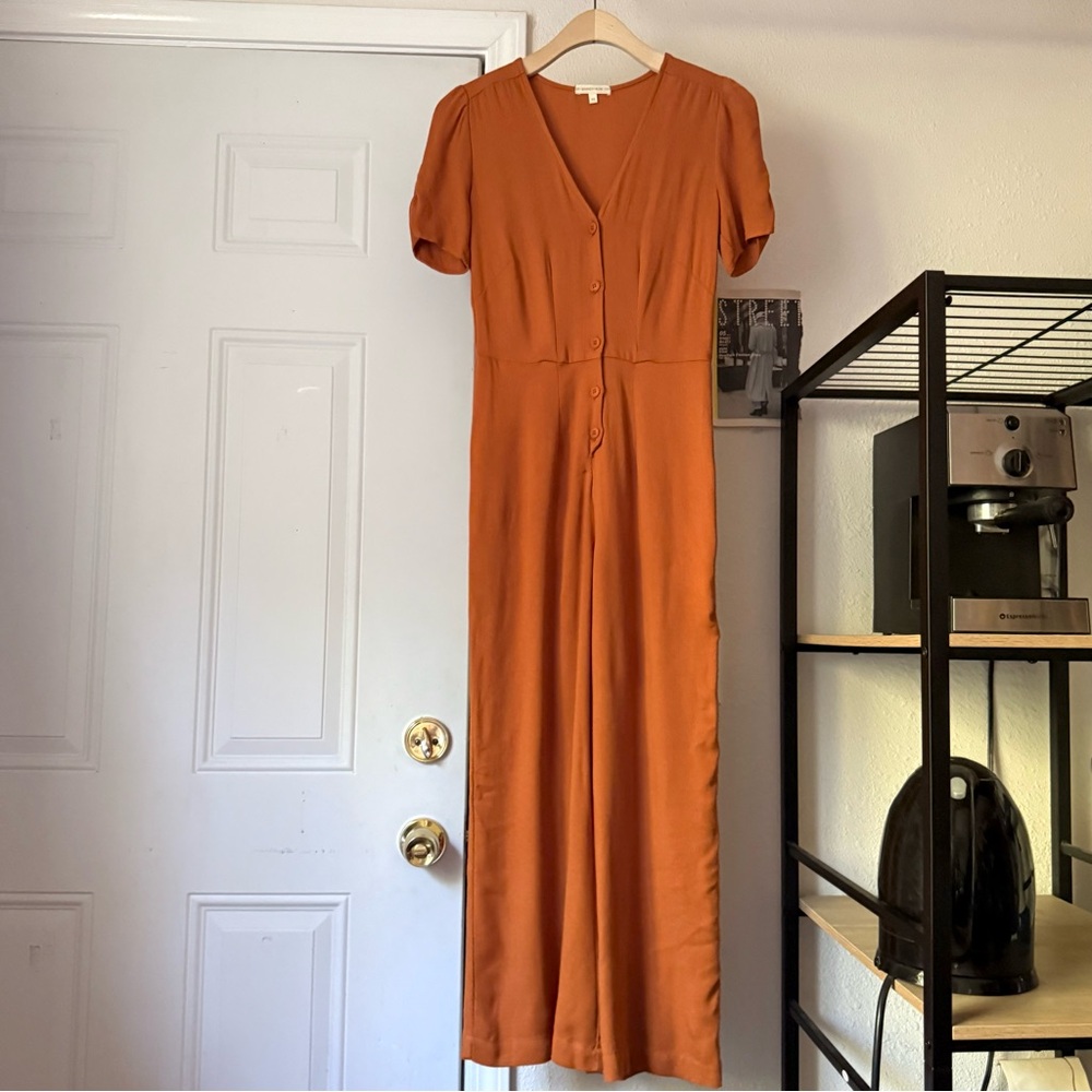 WHIMSY + ROW rust orange upcycled rayon short sleeve button up cropped jumpsuit